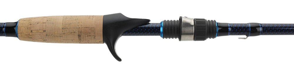 a close-up of a black with blue fishing rod (APEX BAITCASTING RODS)