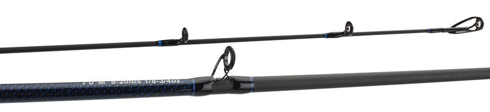 a close-up of a black with blue fishing rod (APEX BAITCASTING RODS)