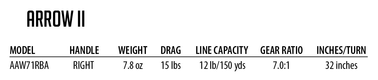 Arrow Baitcaster Matrix. black Text: ARROW II MODEL AAW71RBA HANDLE RIGHT WEIGHT 7.8 oz DRAG 15 lbs LINE CAPACITY 121b/150yds GEAR RATIO 7.0:1 INCHES/TURN 32 inches