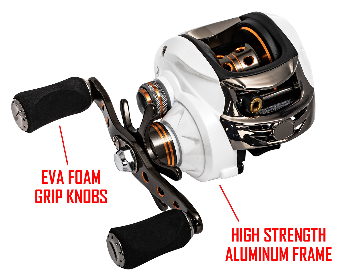 Black and white ARROW II BAITCASTER. RED Text: EVA FOAM GRIP KNOBS, HIGH STRENGTH ALUMINUM FRAME