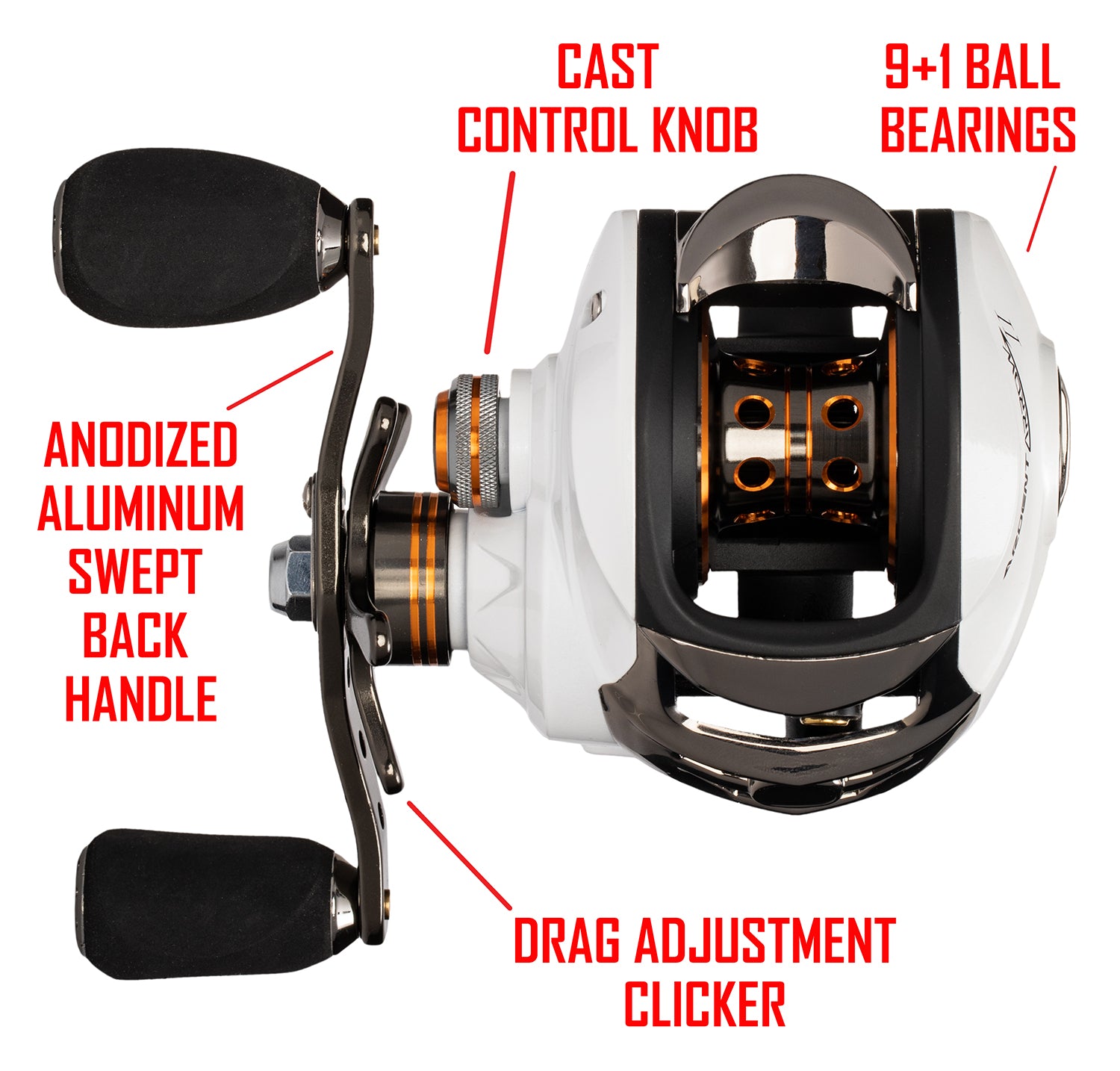 Black and white ARROW II BAITCASTER. RED Text: CAST CONTROL KNOB 9+1 BALL BEARINGS ANODIZED ALUMINUM SWEPT BACK HANDLE DRAG ADJUSTMENT CLICKER