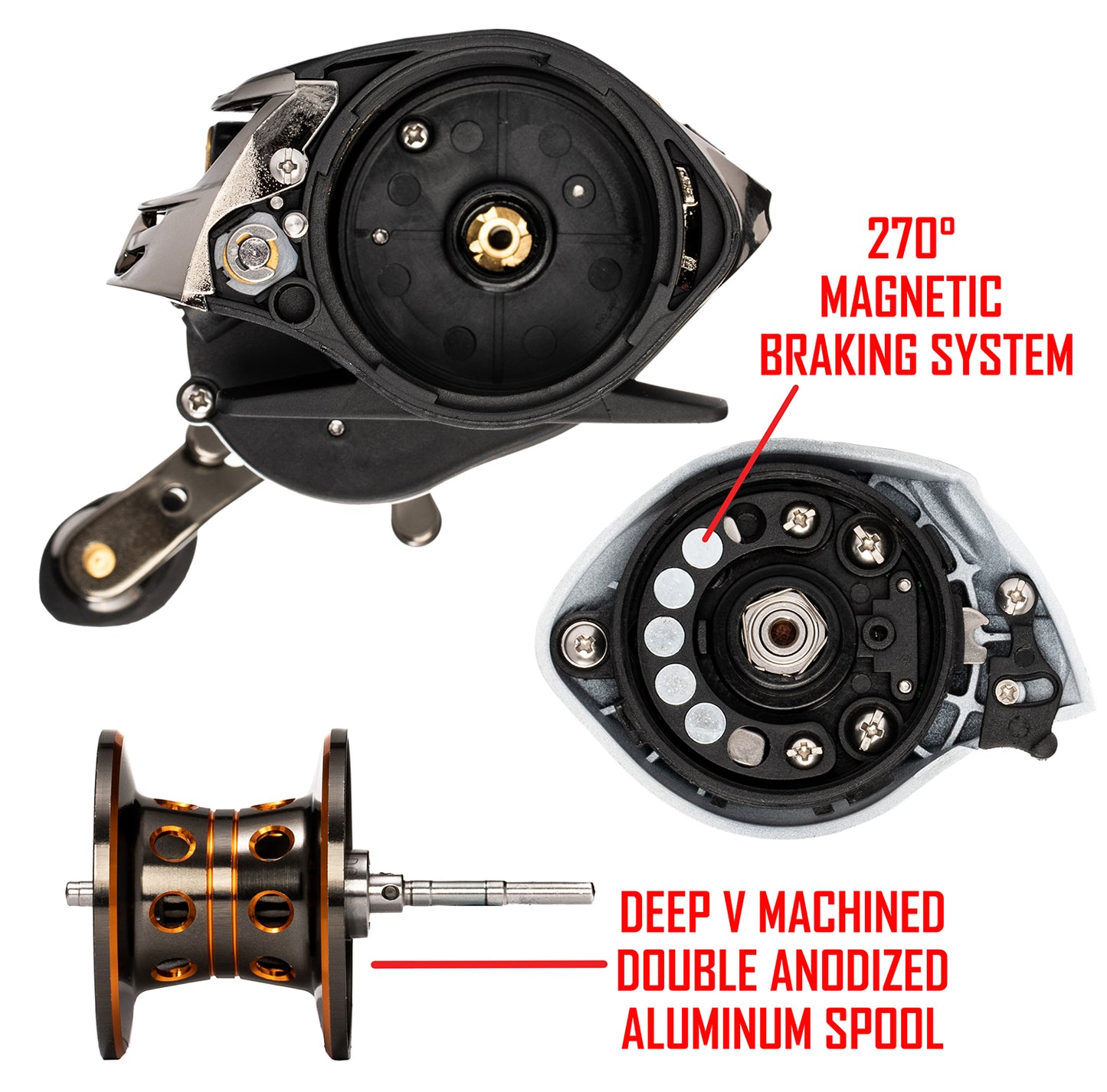 Black and white ARROW II BAITCASTER. RED Text: 270° MAGNETIC BRAKING SYSTEM, DEEP V MACHINED DOUBLE ANODIZED ALUMINUM SPOOL