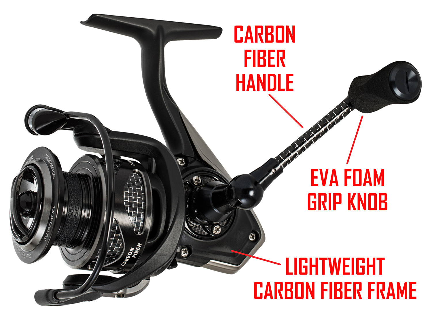 Black C-FORCE SPINNING REEL. RED text: CARBON FIBER HANDLE EVA FOAM GRIP KNOB LIGHTWEIGHT CARBON FIBER FRAME