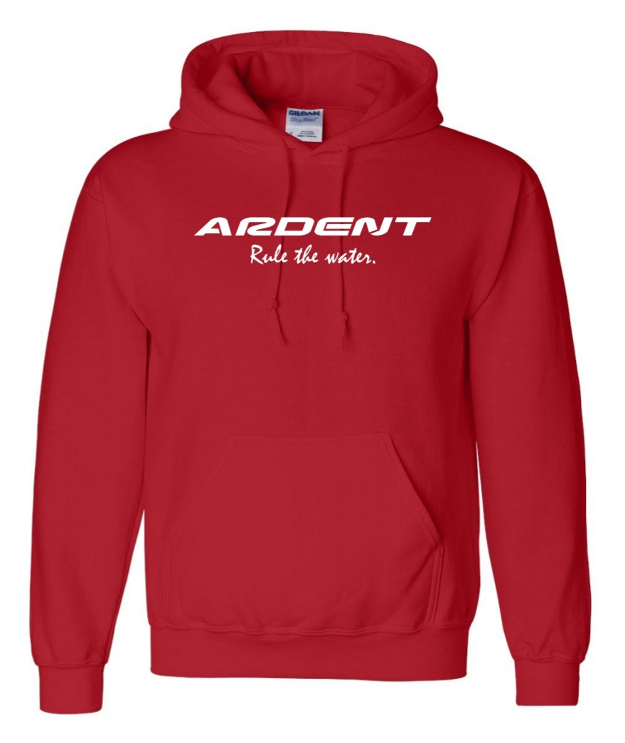 Front of a red Hoodie with white text, text on the Hoodie: ARDENT Rule the water.
