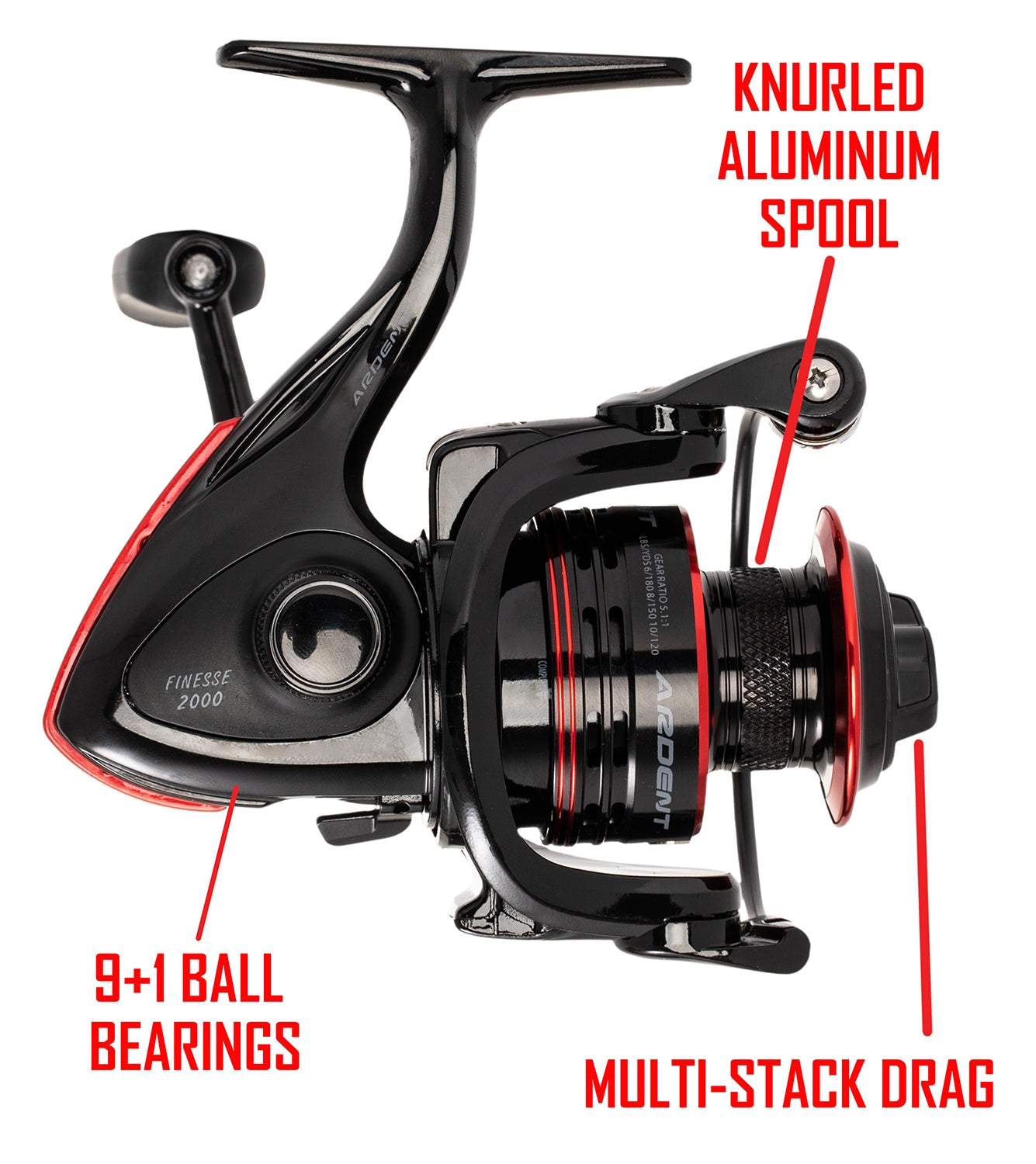 a black and red fishing reel (FINESSE SPINNING REEL). RED text in image: 9+1 BALL BEARINGS KNURLED ALUMINUM SPOOL MULTI-STACK Drag