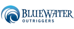 a blue text on a white background, text in image: BLUE WATER OUTRIGGERS