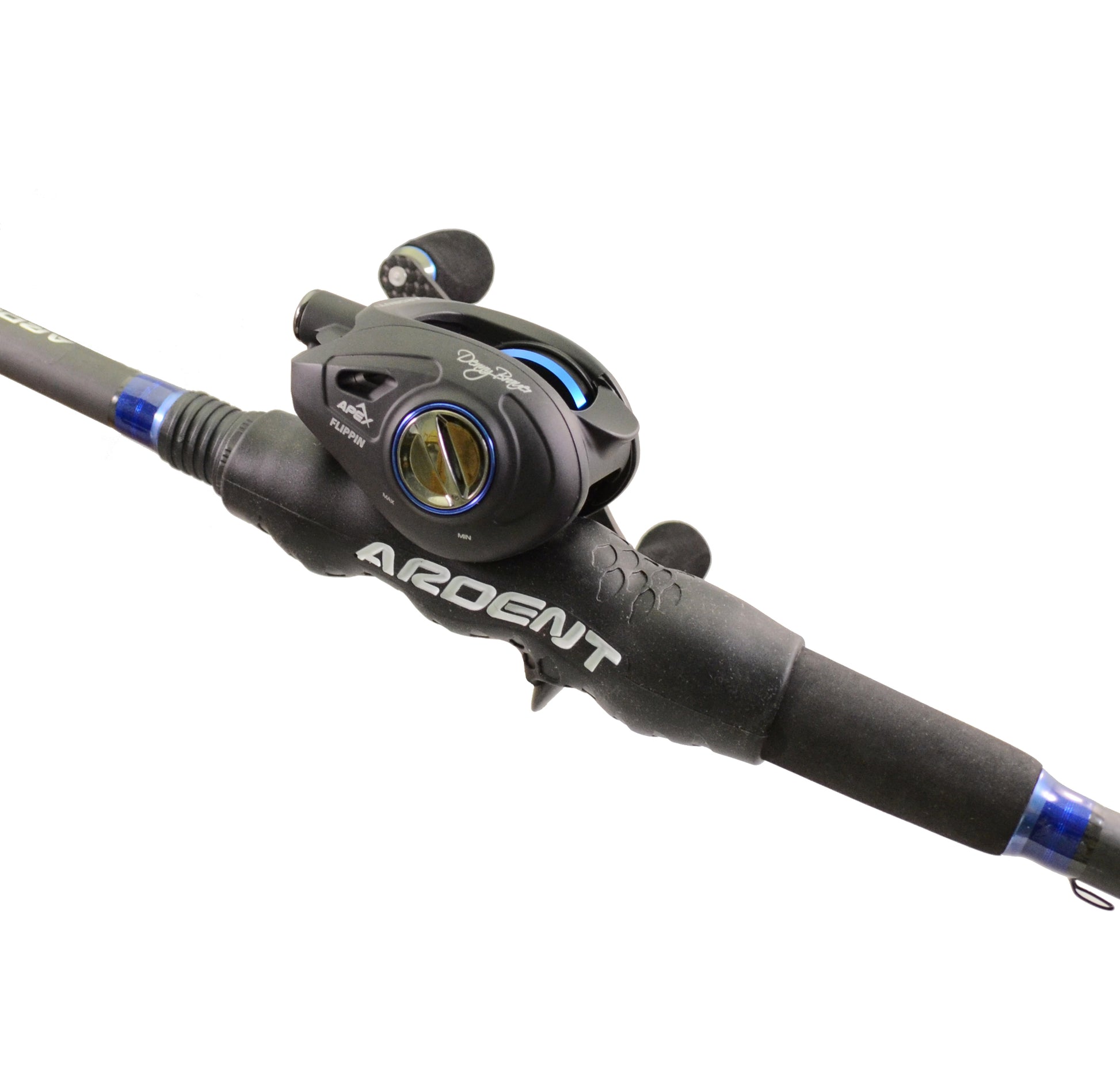 a black and blue fishing rod with a black PRO ROD OVERGRIP