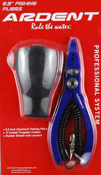 6 1/2" PLIERS: a blue and black fishing pliers in a package, white text in image: 6.5" FISHING PLIERS ARDENT Rule the water: PROFESSIONAL SYSTEM ARDENT . 6.5 inch Aluminum Fishing Pllors . TI Coated Tungsten Cutters . Rubber Sheath with Lanyard