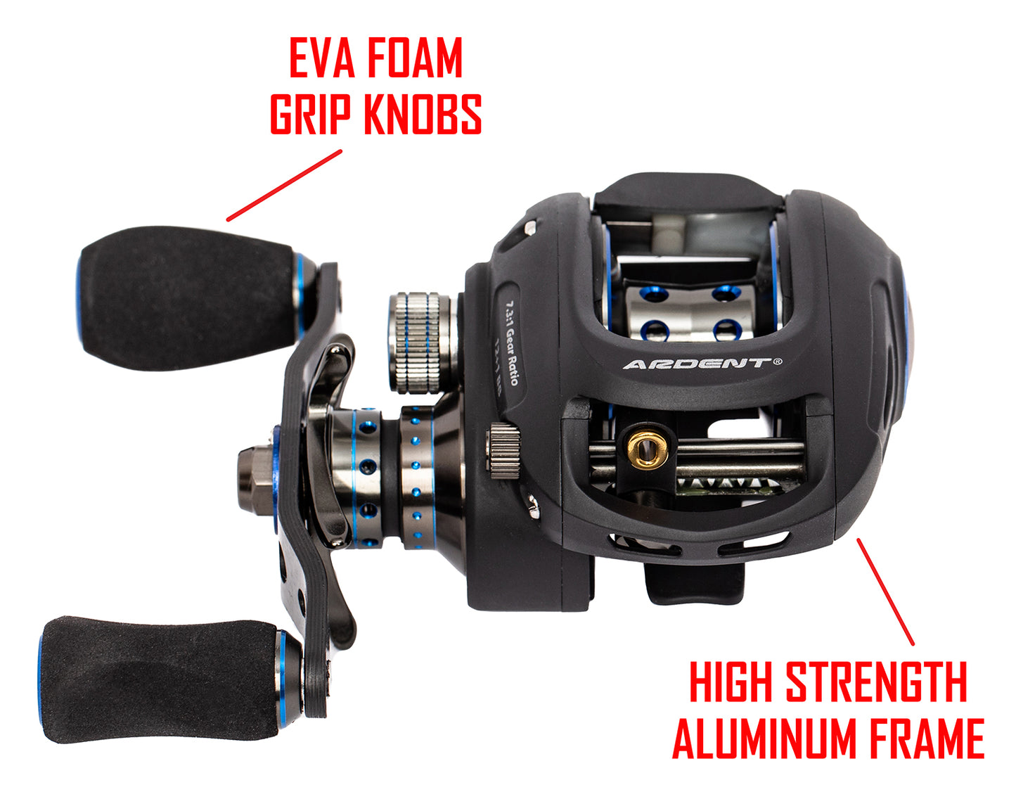 Black with blue APEX ELITE Baitcaster with red text. text: EVA FOAM GRIP KNOBS HIGH STRENGTH ALUMINUM FRAME