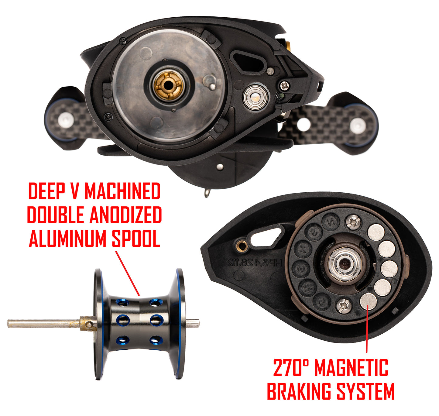 Black with blue APEX ELITE Baitcaster with red text. text: DEEP V MACHINED DOUBLE ANODIZED ALUMINUM SPOOL 270° MAGNETIC BraKING SYSTEM