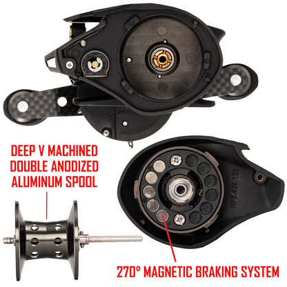 Black APEX LIGHTNING Baitcaster with red text. text: DEEP V MACHINED DOUBLE ANODIZED ALUMINUM SPOOL 270° MAGNETIC BRAKING SYSTEM