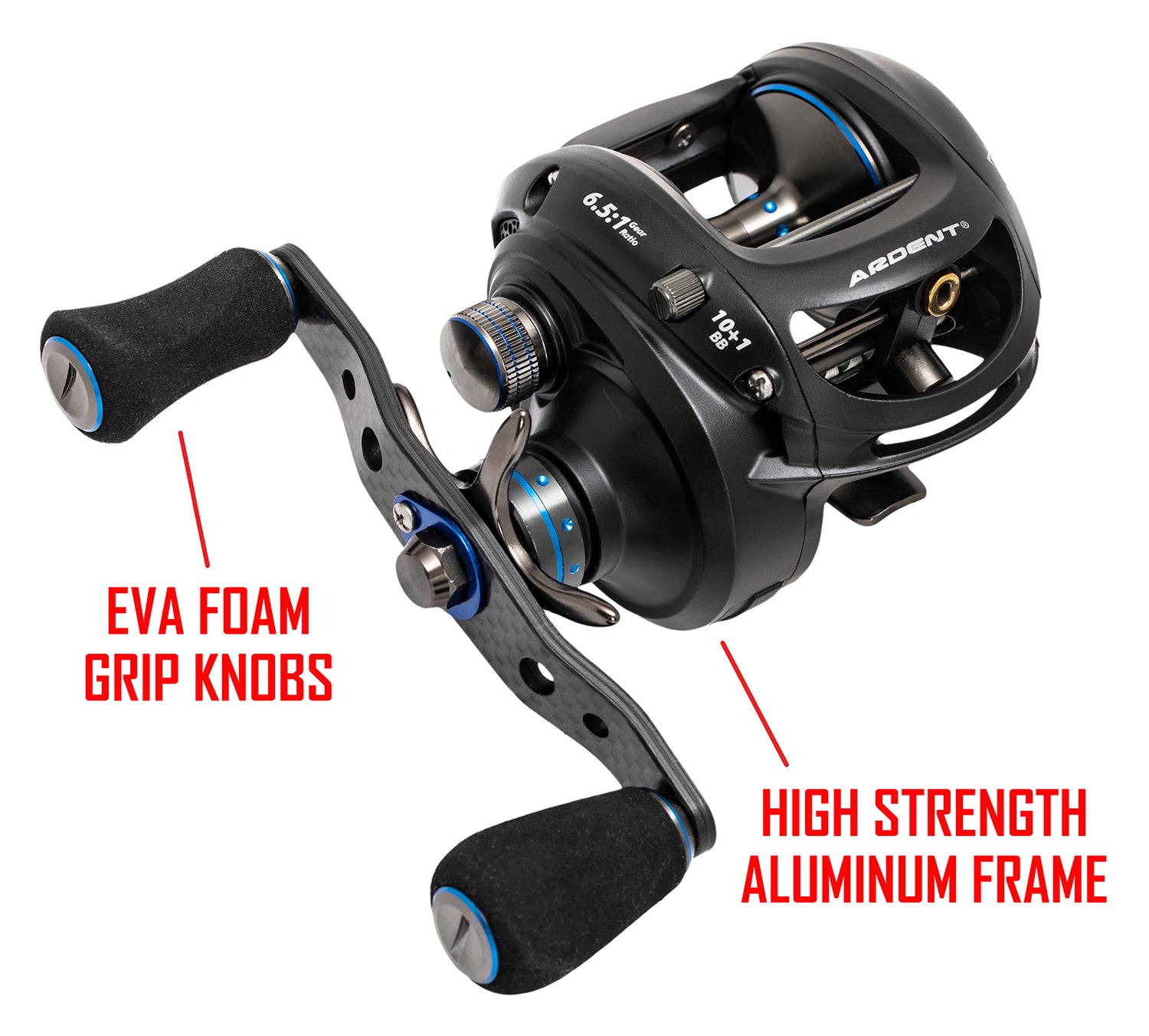 Black with blue APEX MAGNUM Baitcaster with red text. text: EVA FOAM GRIP KNOBS HIGH STRENGTH ALUMINUM FRAME