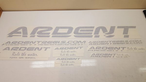 ARDENT DECAL KIT: a group of white stickers with black letters on a white surface, text in image: ARDENT ARDENTREELS.COM ARDENT Rule the water Rule the water.