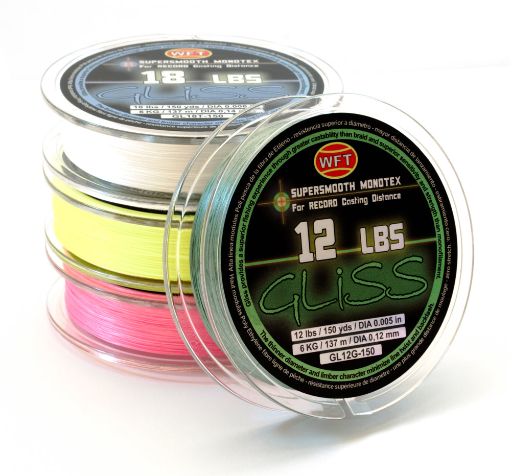 4 GLISS fishing lines. Main fishing line text: 12 LBS GLISS (GLISS - 12 POUND TEST)
