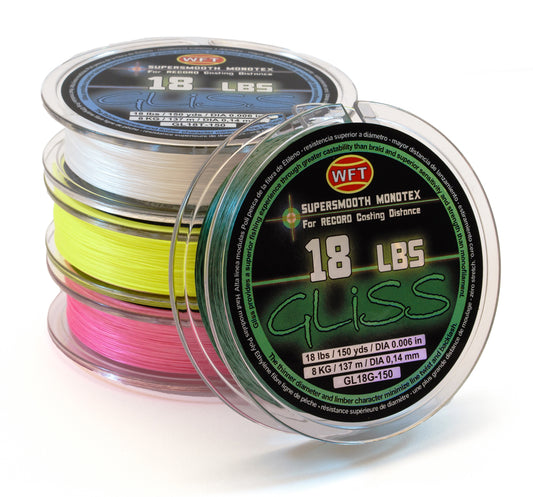 4 GLISS fishing lines. Main fishing line text: 18 LBS GLISS (GLISS - 18 POUND TEST)