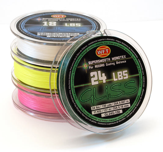 4 GLISS fishing lines. Main fishing line text: 24 LBS GLISS (GLISS - 24 POUND TEST)