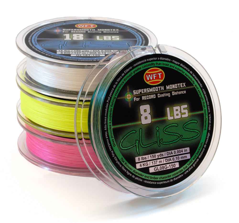 4 GLISS fishing lines. Main fishing line text: 8 LBS GLISS (GLISS - 8 POUND TEST)
