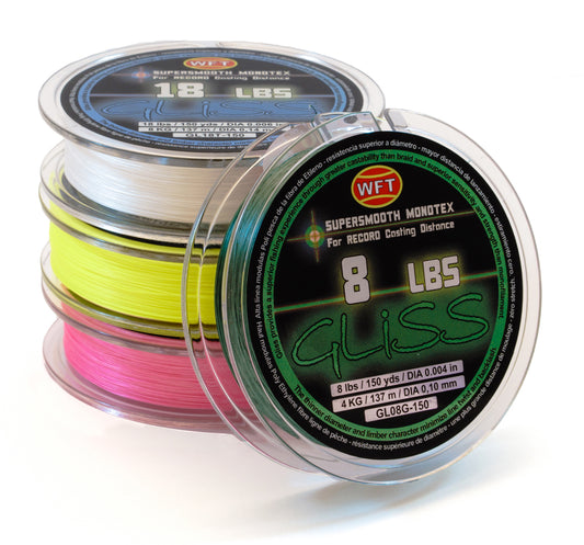 4 GLISS fishing lines. Main fishing line text: 8 LBS GLISS (GLISS - 8 POUND TEST)