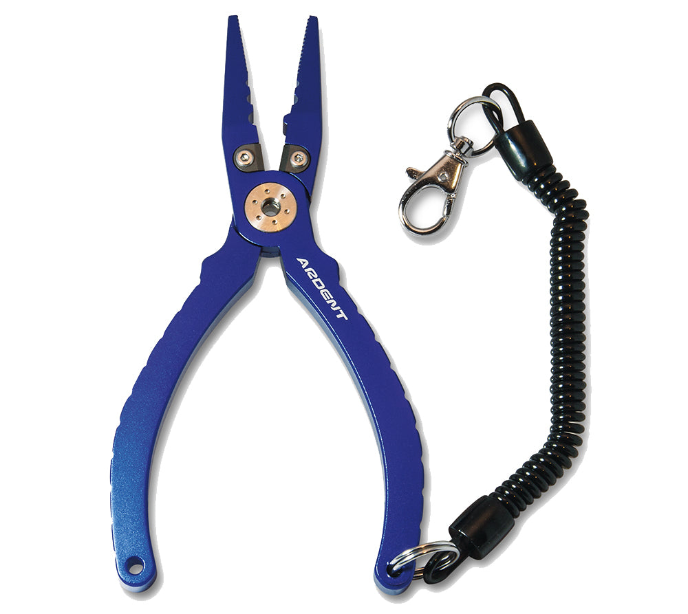 6 1/2" PLIERS:  A blue and black fishing pliers with Lanyard