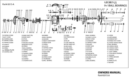 ARROW II BAITCASTER OWNERS MANUAL. Image with all parts and description