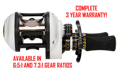 White and Black APEX GRAND BAITCASTER with red text. Text: COMPLETE 3 YEAR WARRANTY!, AVAILABLE IN AND 7.3:1 GEAR RATIOS