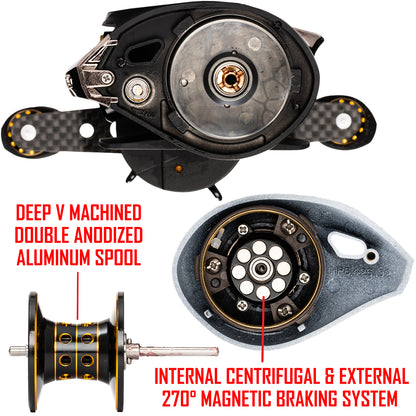 White and Black APEX GRAND BAITCASTER with red text. Text: DEEP V MACHINED DOUBLE ANODIZED ALUMINUM SPOOL, INTERNAL CENTRIFUGAL 8 EXTERNAL 2700 MAGNETIC BRAKING SYSTEM