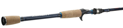 a close-up of a black with blue fishing rod (APEX BAITCASTING RODS)