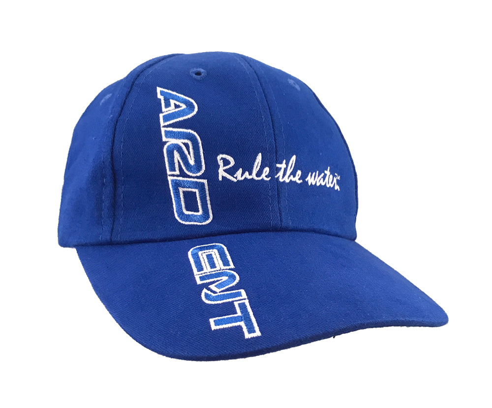 Front of a Blue ARDENT cap with white and blue writing on it. Cap text: ARDENT. Rule the water.