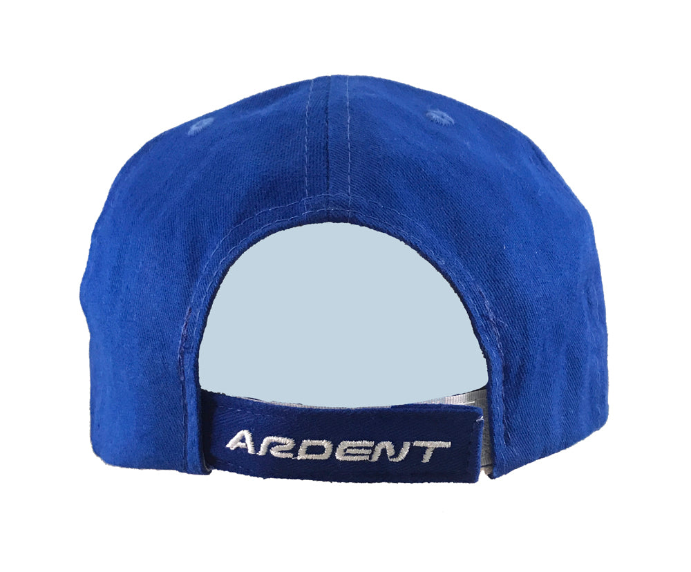 Back of a Blue ARDENT cap with white writing on it. Cap text: ARDENT.