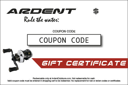 Ardent Gift Certificate. Red and white Text: ARDENT rule the water COUPON CODE COUPON CODE. Gift Certificate