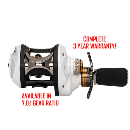 Black and white ARROW II BAITCASTER. RED Text: COMPLETE 3 YEAR WARRANTY! AVAILABLE IN 7.0:1 GEAR RATIO