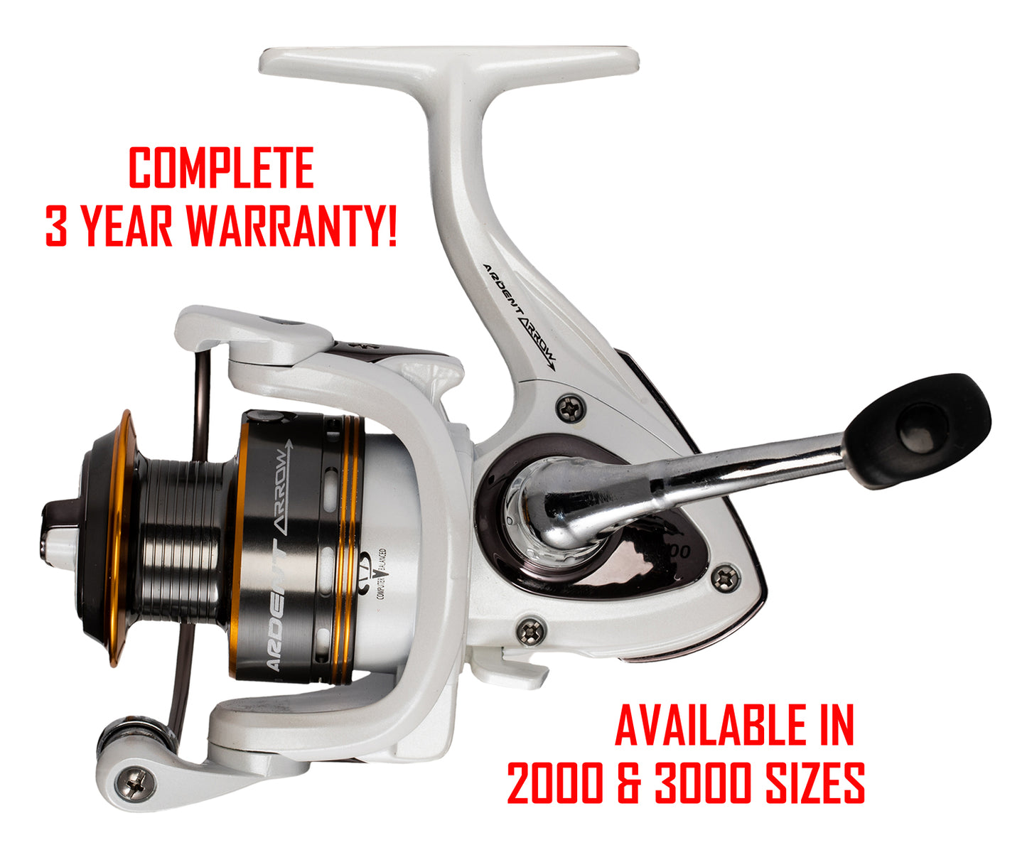 White and black ARROW SPINNING REELS. RED text:  COMPLETE 3 YEAR WARRANTY! AVAILABLE IN 2000 and 3000 SIZES
