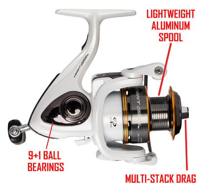 White and black ARROW SPINNING REELS. RED text:  9+1 BALL BEARINGS LIGHTWEIGHT ALUMINUM SPOOL MULTI-STACK DRAG
