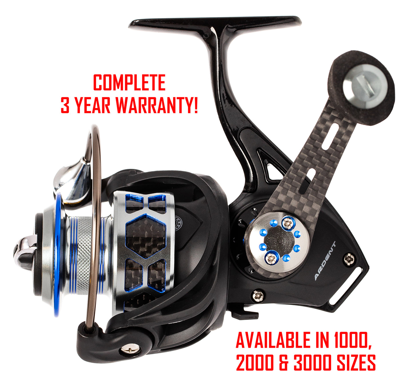 Black and blue BOLT SPINNING REEL. RED text: COMPLETE 3 YEAR WARRANTY! AVAILABLE IN 1000. 2000 and 3000 SIZES