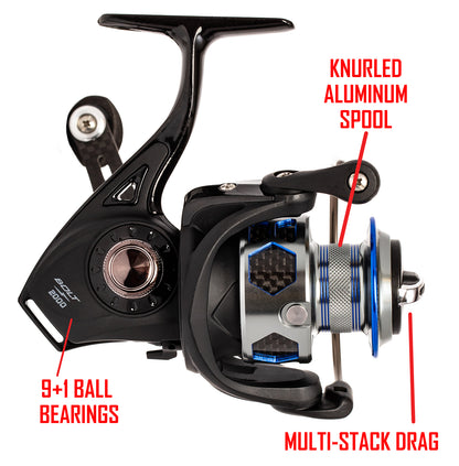 Black and blue BOLT SPINNING REEL. RED text: 9+1 BALL BEARINGS KNURLED ALUMINUM SPOOL MULTI-STACK DRAG