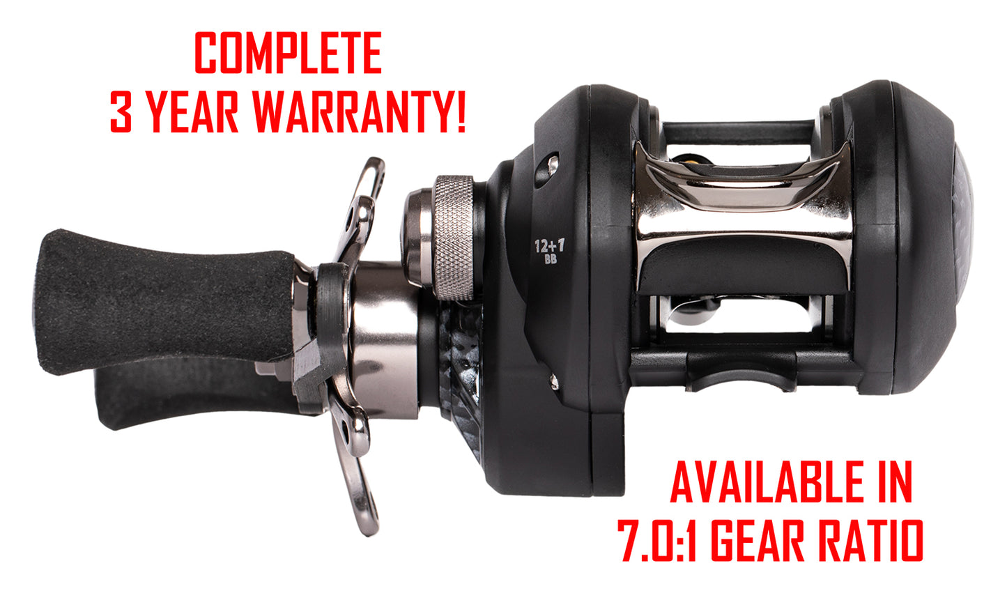 C-FORCE BAITCASTING REEL - LEFT HAND. RED text:  COMPLETE 3 YEAR WARRANTY! AVAILABLE IN 7.0:1 GEAR RATIO