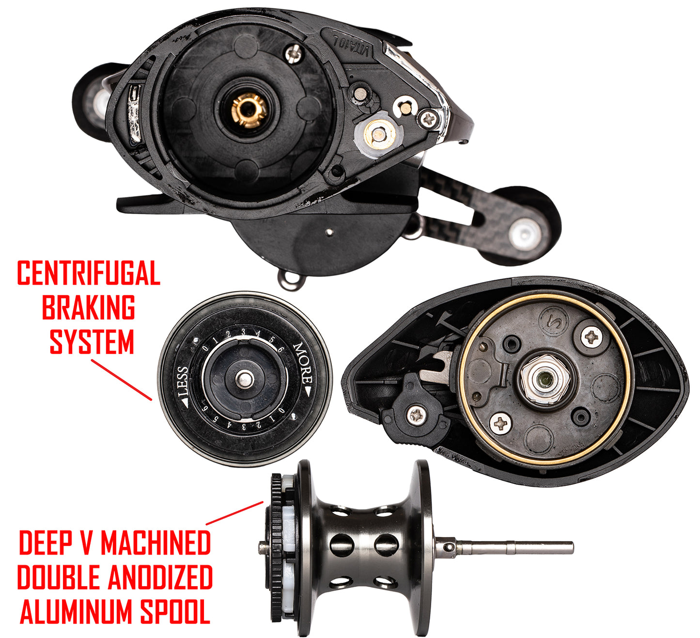 C-FORCE BAITCASTING REEL - LEFT HAND. RED text:  CENTRIFUGAL BRAKING SYSTEM, DEEP V MACHINED DOUBLE ANODIZED ALUMINUM SPOOL