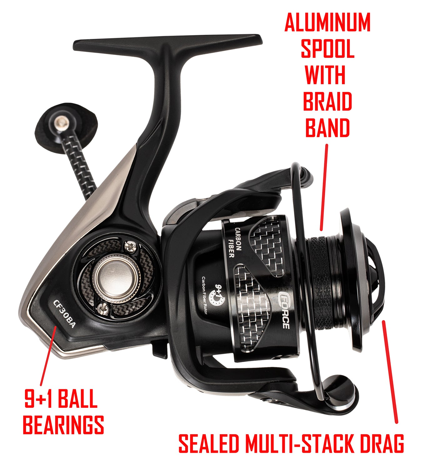 Black C-FORCE SPINNING REEL. RED text: 9+1 BALL BEARINGS, ALUMINUM SPOOL WITH BRAID BAND, SEALED MULTI-STACK DRAG