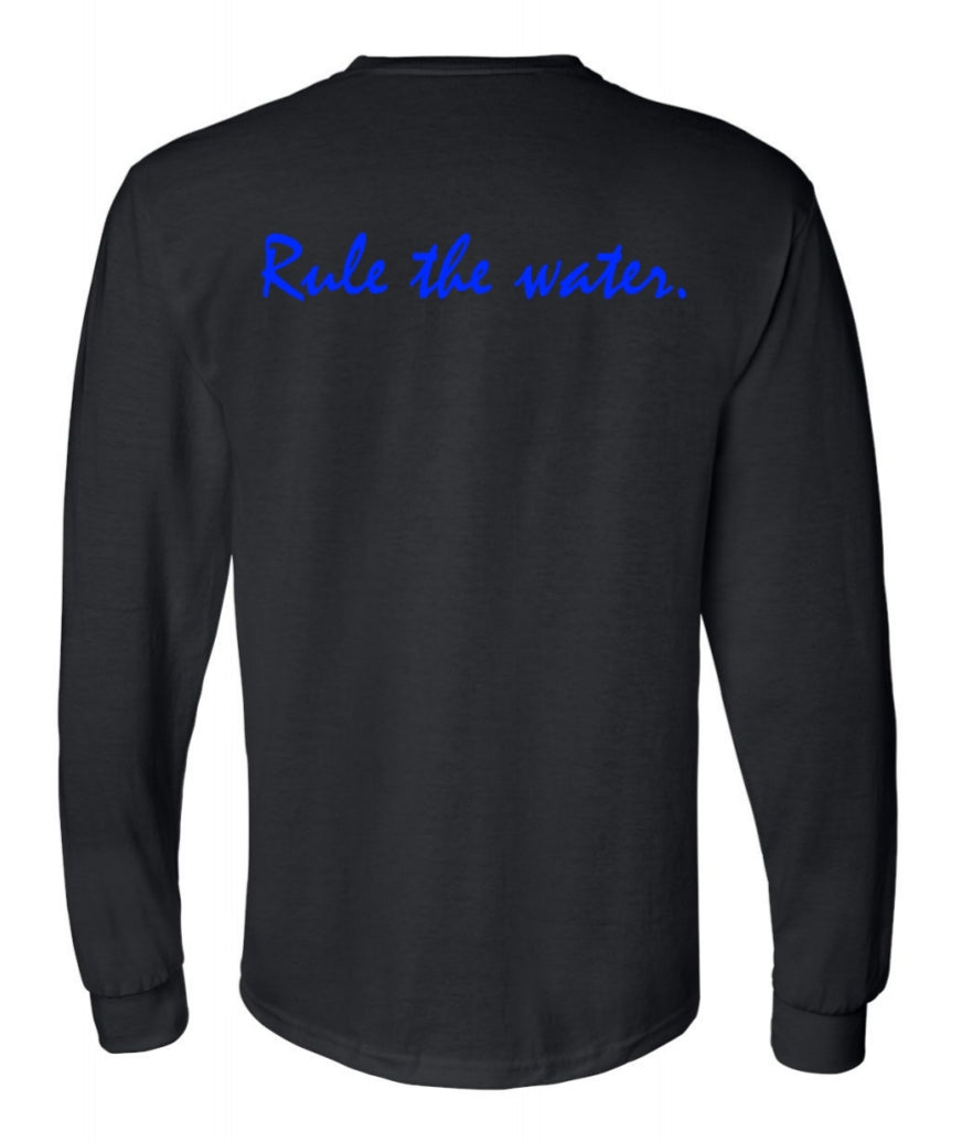 Back of a long sleeve black shirt with blue text, text on the shirt: Ride the water.