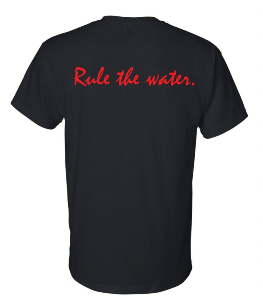 The  back of a black shirt with red text, text on the shirt: Rule the water.