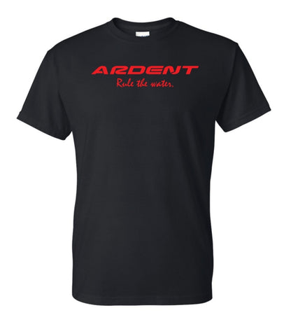 Front of a black t-shirt with red text, text on the shirt: ARDENT Rule the water.