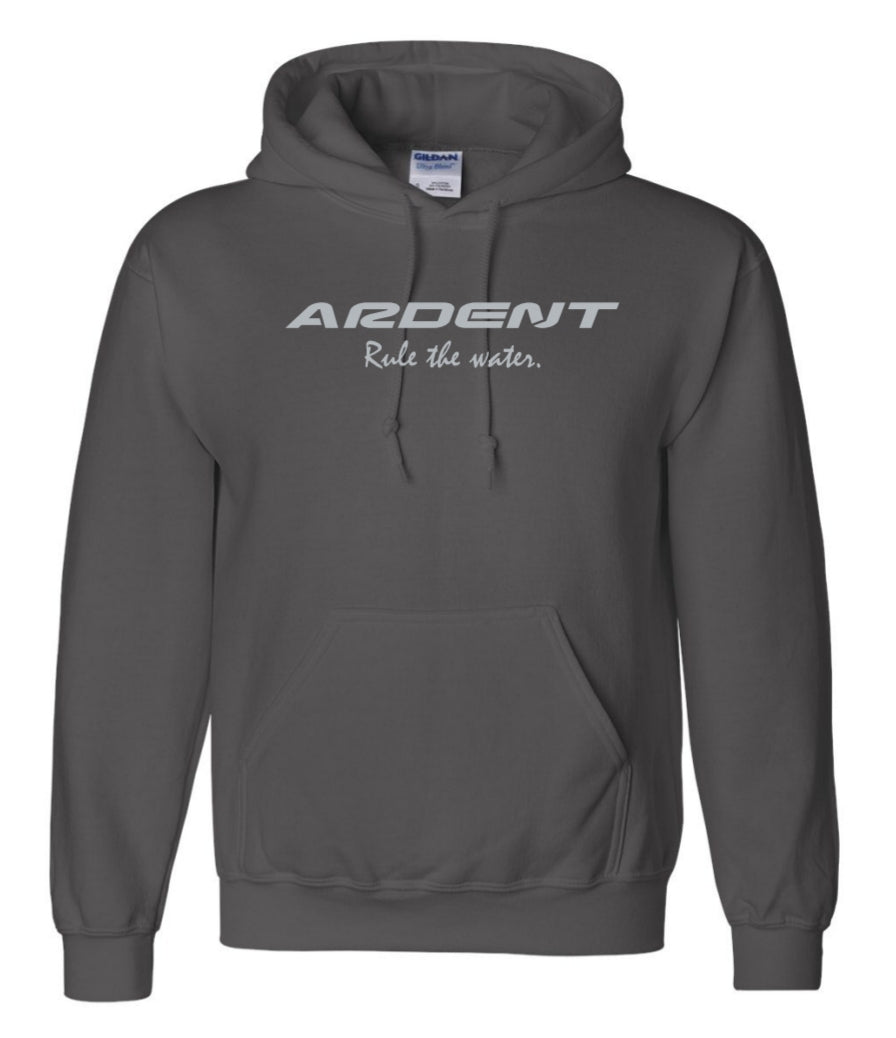 Front of a Charcoal Gray Hoodie with white text, text on the Hoodie: ARDENT Rule the water.