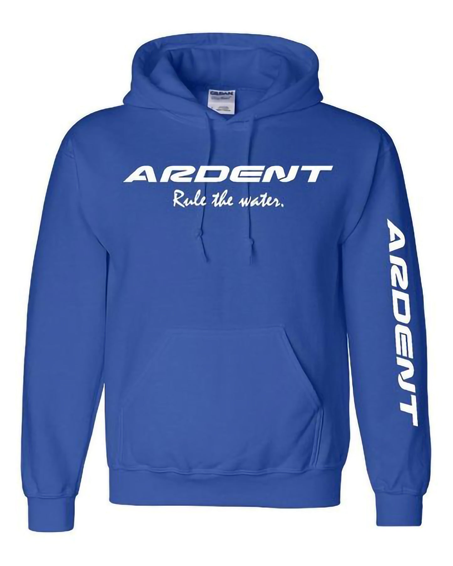 Front of a blue hoodie with white text, text on the hoodie: ARDENT Rule the water. ARDENT
