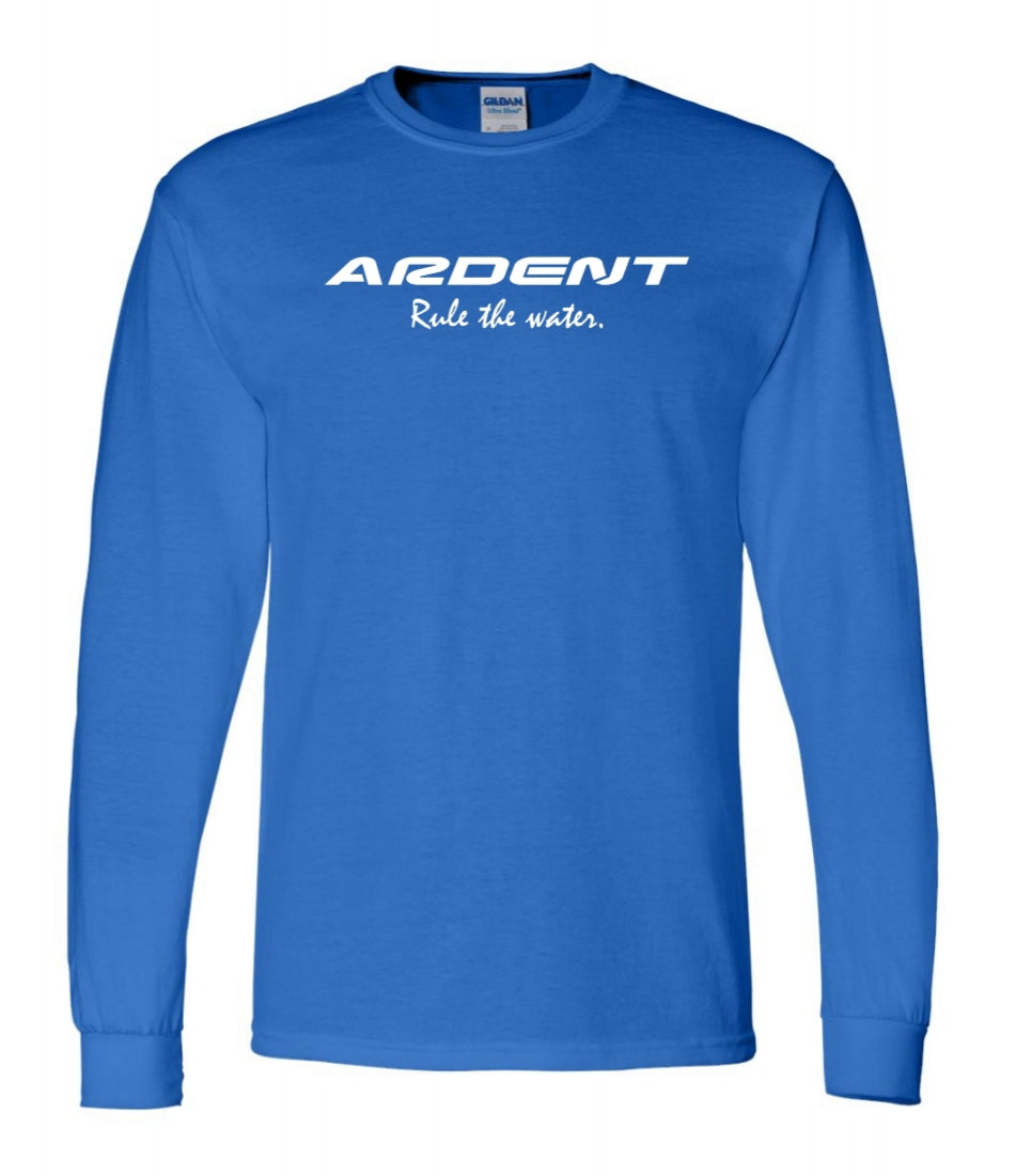 Front of a long sleeve blue shirt with white text. text on the shirt: ARDENT Rule the water.