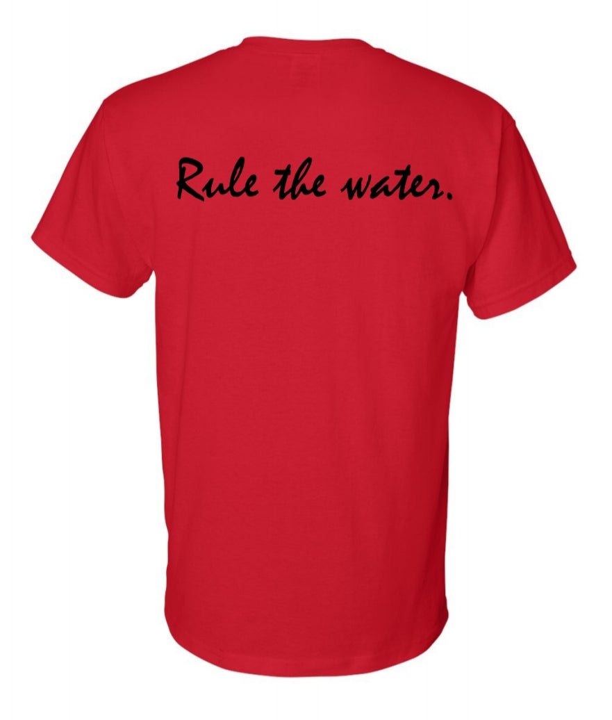 Back of a red shirt with black text on it, text on the shirt: Rule the water.