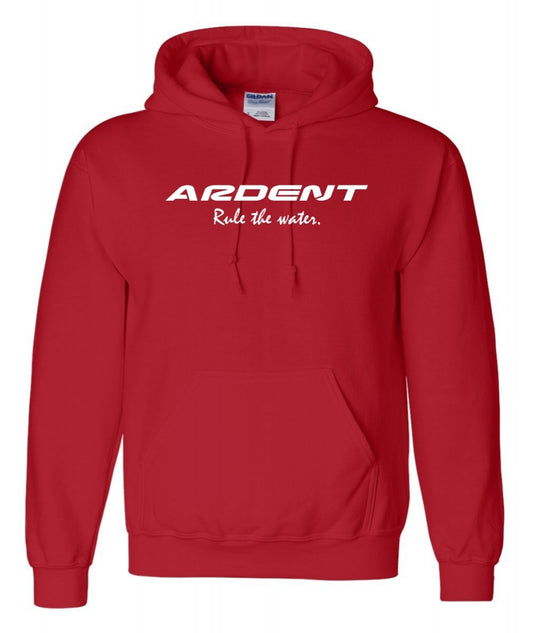 Front of a red Hoodie with white text, text on the Hoodie: ARDENT Rule the water.