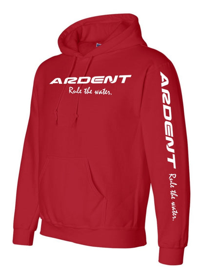 Side of a red Hoodie with white text, text on the Hoodie: ARDENT Rule the water. ARDENT Rule the water.