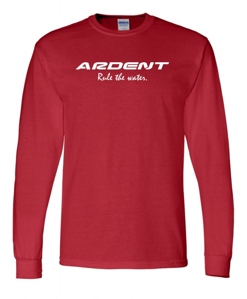 Front of a long sleeved red shirt with white text on it. Text: ARDENT Rule the water.