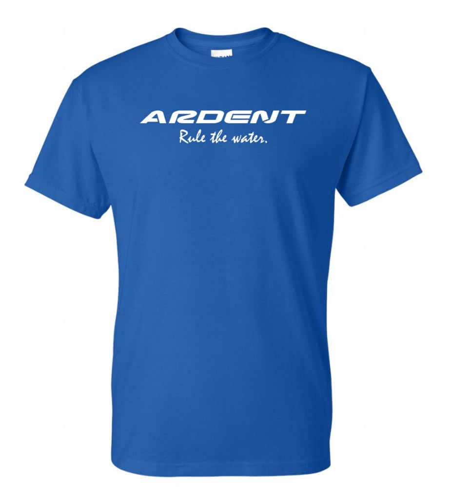 Front of a blue t-shirt with white text, text on the shirt: ARDENT Rule the water.
