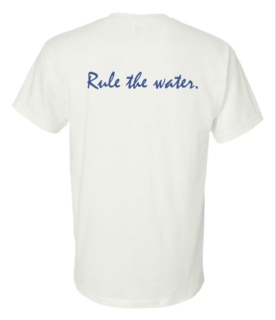 The back of a white t-shirt with blue writing on it. t-shirt text: Rule the water